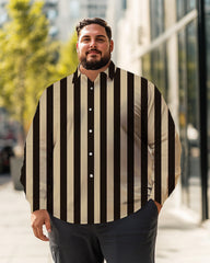 Men's Vertical stripes black/beige Plus Size Long Sleeve Shirt , Button Down Shirt