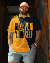 Men's Believe In Yourself Print Short Sleeve Polo Shirt, Summer Vacation Casual Shirts , Casual Breathable Summer Tops