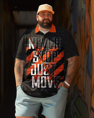 Men's Never Stop Just Move Print Short Sleeve Polo Shirt, Summer Vacation Casual Shirts , Casual Breathable Tops,Gifts for Men