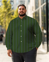 Men's green vertical stripes Plus Size Long Sleeve Shirt , Button Down Shirt