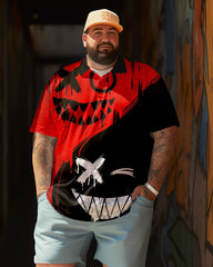 Men's Evil Smile Print Short Sleeve Polo Shirt, Summer Vacation Casual Shirts , Casual Breathable Tops,Gifts for Men