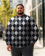 Chemise à manches longues à carreaux en losanges pour hommes, grande taille, chemise boutonnée