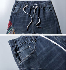 Plus Size Men's Indians Pattern Embroideryed Knee Jeans