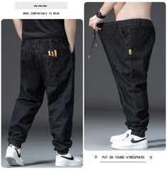 Plus Size Men's Elastic Waist Drawstring Denim Jeans, Loose Jeans,Spring Denim Pants