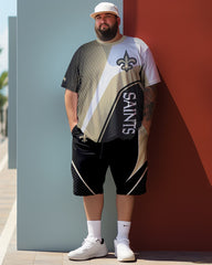 Men's Colorblocked loose Team Style Plus Size T-Shirt Set, Men's Sports Style Suit,Gift For Men