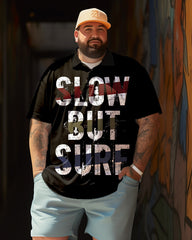 Men's Slow But Sure Printed Short Sleeve Polo Shirt, Summer Vacation Casual Shirts , Casual Breathable Tops, Vintage Clothing