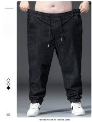 Plus Size Men's Elastic Waist Drawstring Denim Jeans, Loose Jeans,Spring Denim Pants