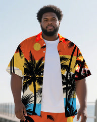 Hawaiian Coco Tree Pattern Men's Plus Size Pockets Shirt Shorts Suit
