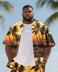 Hawaiian Coco Tree Pattern Men's Plus Size Pockets Shirt Shorts Suit