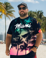 Men's Miami Palm Beach Sunset Plus Size T-Shirt Set, Men's Casual Suit