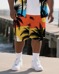 Hawaiian Coco Tree Pattern Men's Plus Size Pockets Shirt Shorts Suit