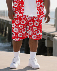 Hawaiian Floral Pattern Men's Plus Size Pockets Shirt Shorts Suit