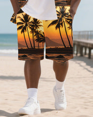 Hawaiian Coco Tree Pattern Men's Plus Size Pockets Shirt Shorts Suit