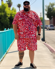 Men's Cashew Flower Plus Size T-Shirt Set, Men's Casual Suit