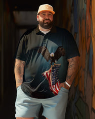 Men's Stylish Eagle and American Flag Print Casual Short Sleeve Polo Shirts, Summer Vacation Casual Shirts