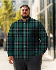 Men's Green Plaid Plus Size Long Sleeve Shirt , Button Down Shirt