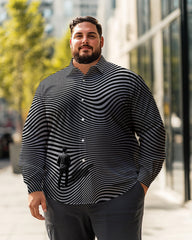 Men's Wavy stripes grey/black Plus Size Long Sleeve Shirt , Button Down Shirt