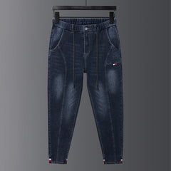 Plus Size Men's Elasticated Waistband Jeans, Stretch Harlem Jeans,Winter Denim Pants