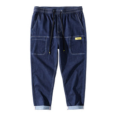 Jean en denim à taille élastique avec cordon de serrage pour homme, pantalon sarouel ample, pantalon en denim de printemps, grande taille
