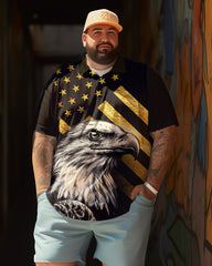 Men's Stylish Eagle and American Flag Print Casual Short Sleeve Polo Shirts, Summer Vacation Casual Shirts