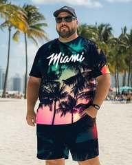 Men's Miami Palm Beach Sunset Plus Size T-Shirt Set, Men's Casual Suit