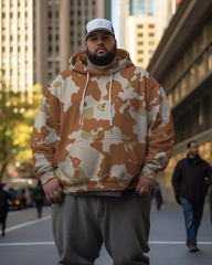 Orangefarbener Camouflage-Kapuzenpullover und Hose für Herren in Übergröße