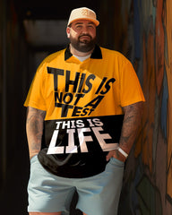 Men's Yellow and Black Color Blocked Letter Print Short Sleeve Polo Shirts, Summer Vacation Casual Shirts , Round Neck Shirt