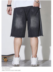 Plus Size Men's Elastic Waist Drawstring Denim Shorts,Torn Jeans,Knee Jeans