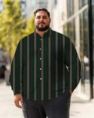 Men's Green vertical stripes Plus Size Long Sleeve Shirt , Button Down Shirt