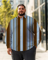 Men's Vertical stripes coffee/blue Plus Size Long Sleeve Shirt , Button Down Shirt