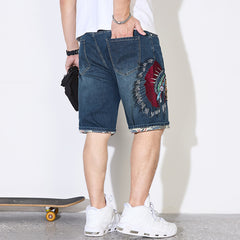 Plus Size Men's Indians Pattern Embroideryed Knee Jeans
