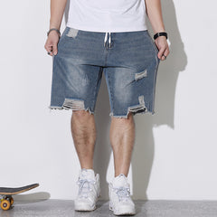 Plus Size Men's Elastic Waist Drawstring Denim Shorts,Torn Jeans,Knee Jeans