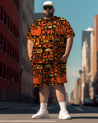 Men's Cute Pumpkin Plus Size T-Shirt Set, Men's Casual Suit