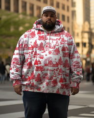 Men's Red Toile on White Christmas Plus Size Hoodie