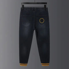 Plus Size Men's Elasticated Waistband Jeans, Stretch Harlem Jeans,Winter Denim Pants