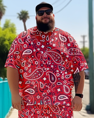 Men's Cashew Flower Plus Size T-Shirt Set, Men's Casual Suit