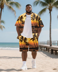 Hawaiian Coco Tree Pattern Men's Plus Size Pockets Shirt Shorts Suit