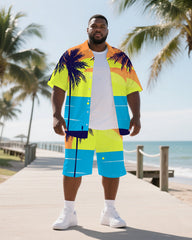 Hawaiian Palm Tree Men's Plus Size Pockets Shirt Shorts Suit