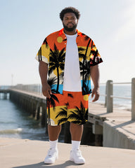 Hawaiian Coco Tree Pattern Men's Plus Size Pockets Shirt Shorts Suit
