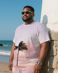 Pink Summer Tropical Men's Plus Size T-Shirt & Shorts Suit