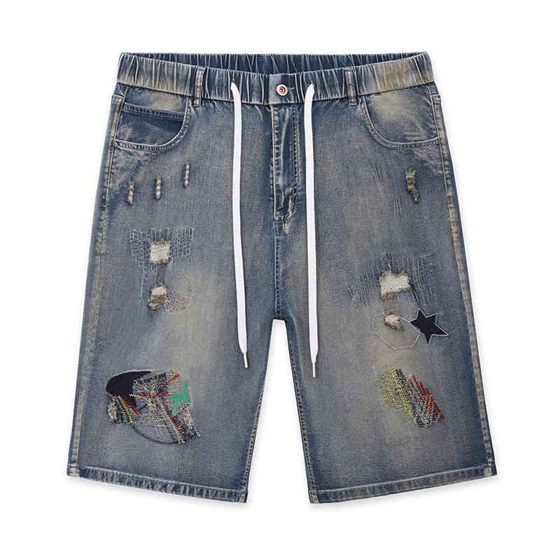 Short en jean à taille élastique avec cordon de serrage pour homme grande taille, jean tendance déchiré et brodé au genou 