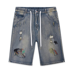Short en jean à taille élastique avec cordon de serrage pour homme grande taille, jean tendance déchiré et brodé au genou 