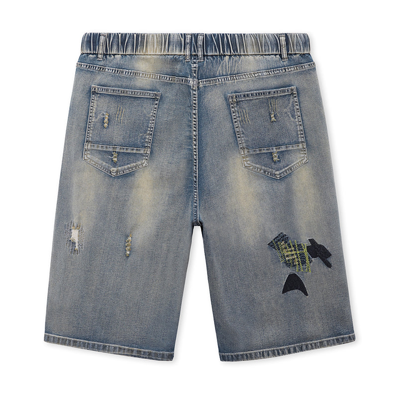 Short en jean à taille élastique avec cordon de serrage pour homme grande taille, jean tendance déchiré et brodé au genou 