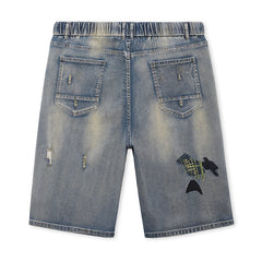 Short en jean à taille élastique avec cordon de serrage pour homme grande taille, jean tendance déchiré et brodé au genou 