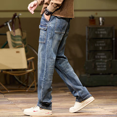 Plus Size Men's Vintage Blue Wide-legged Jeans,Workwear Pants