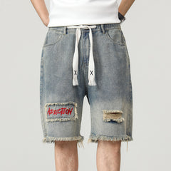 Plus Size Men's Elastic Waist Drawstring Denim Shorts, Vintage Washed Blue Jeans,Patched Denim Shorts