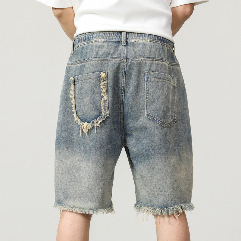 Plus Size Men's Elastic Waist Drawstring Denim Shorts, Vintage Washed Blue Jeans,Patched Denim Shorts