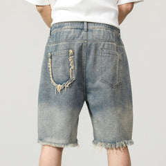 Plus Size Men's Elastic Waist Drawstring Denim Shorts, Vintage Washed Blue Jeans,Patched Denim Shorts