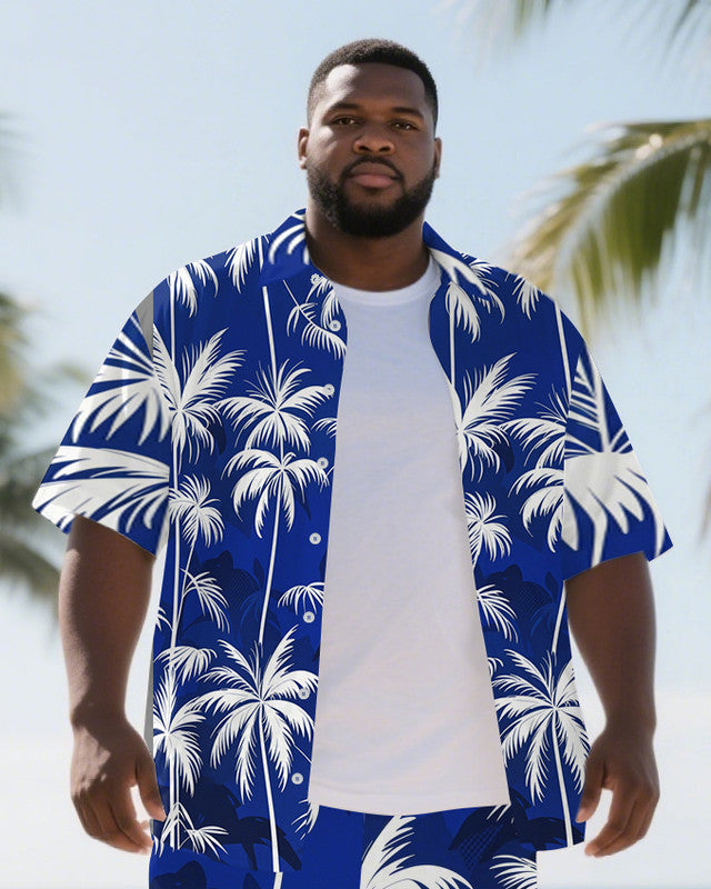 Hawaiian Coco Tree Pattern Men's Plus Size Pockets Shirt Shorts Suit