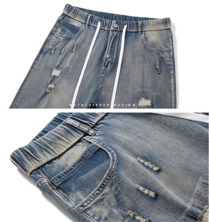 Short en jean à taille élastique avec cordon de serrage pour homme grande taille, jean tendance déchiré et brodé au genou 